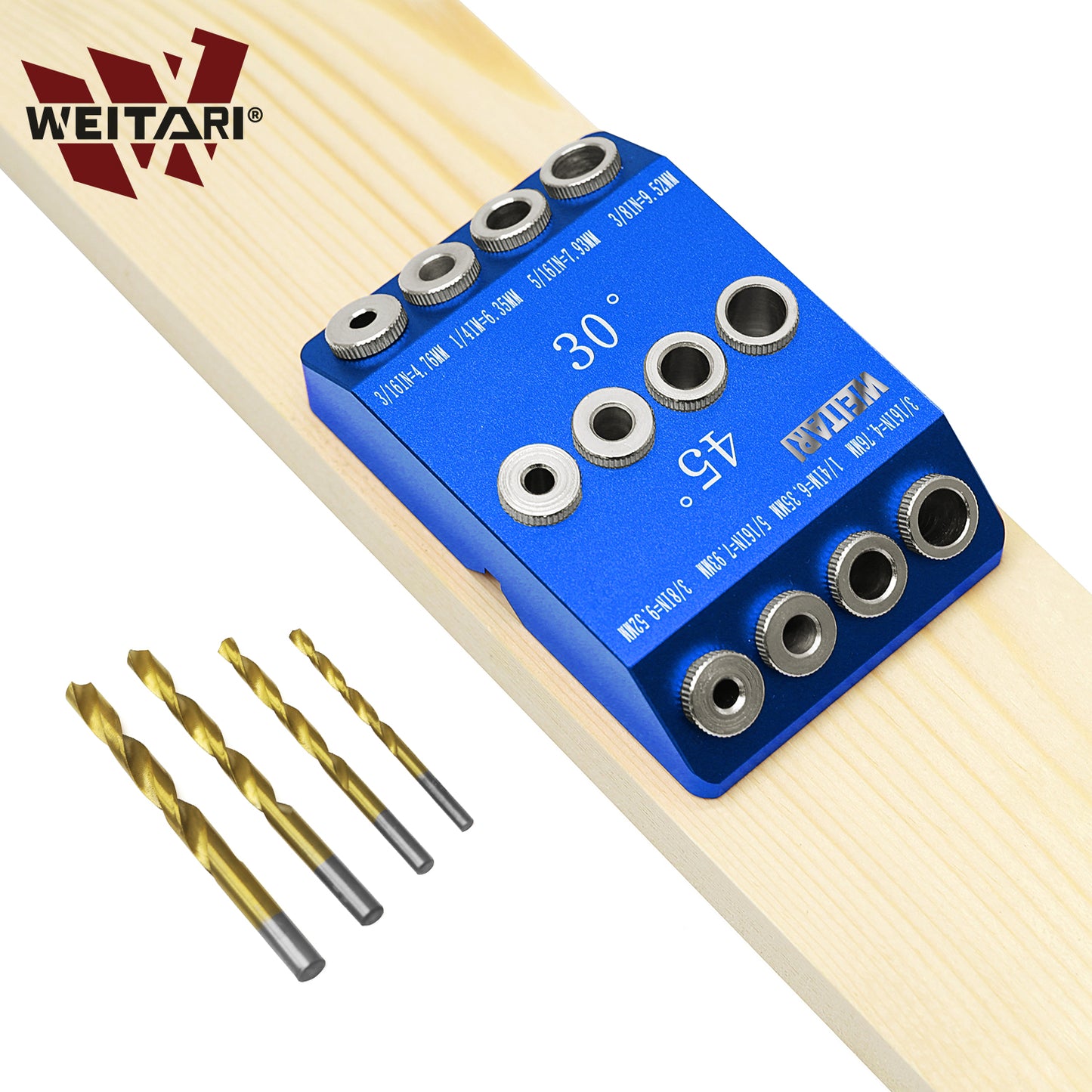 WEITARI® Drill Guide Jig, 4 Bits for Straight and 30 45 90 Degree Angled Holes, 4 Sizes All Metal Jig for Stairs Handrail, Cable Railing, Deck, Wood Post and Lag Screw