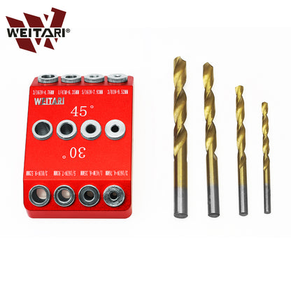 WEITARI® Drill Guide Jig, 4 Bits for Straight and 30 45 90 Degree Angled Holes, 4 Sizes All Metal Jig for Stairs Handrail, Cable Railing, Deck, Wood Post and Lag Screw