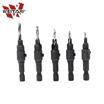 WEITARI 1/4-inch Drill Bit Set, 5 Pieces Countersink Drill Adjustable Professional Drill Bits for Metal, Woodworking, Aluminum, Plastic Premium High Speed Steel Bit for Power Tools #5#6#8#10#12