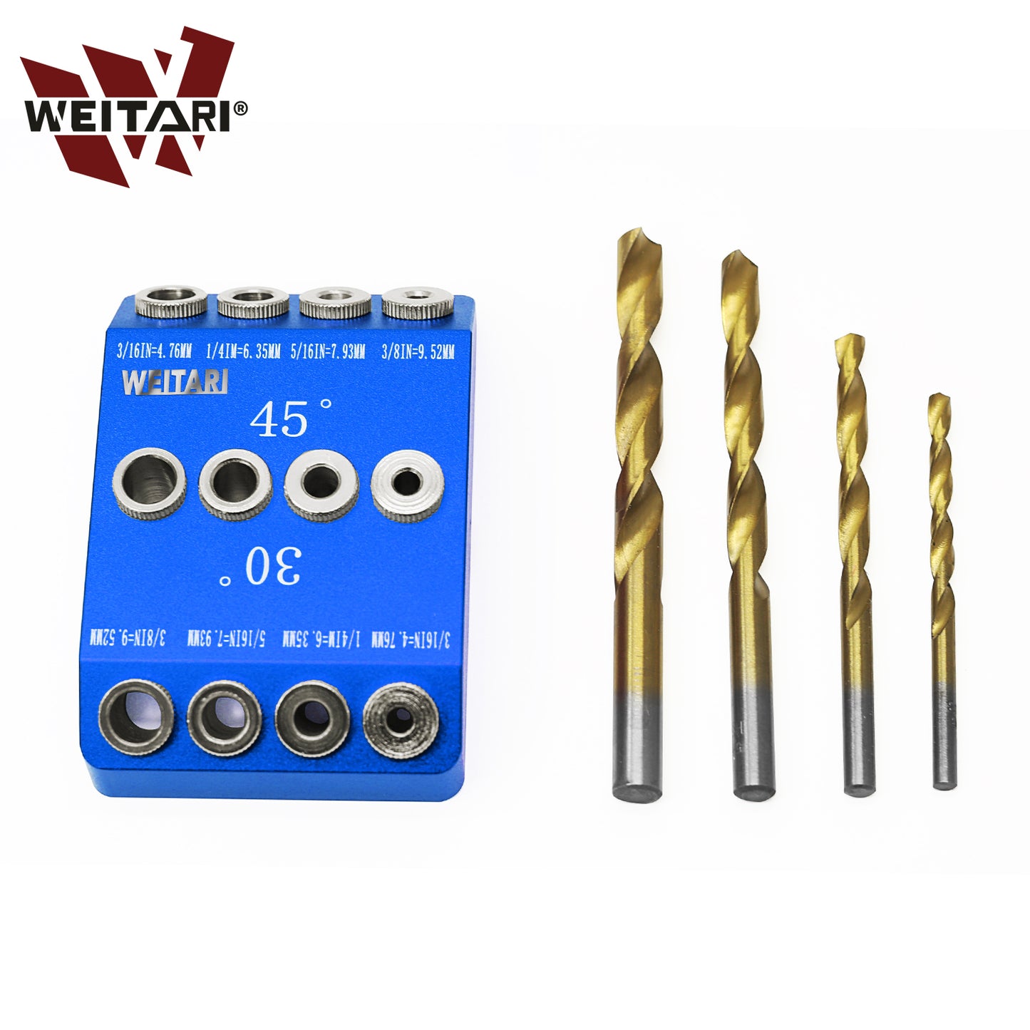 WEITARI® Drill Guide Jig, 4 Bits for Straight and 30 45 90 Degree Angled Holes, 4 Sizes All Metal Jig for Stairs Handrail, Cable Railing, Deck, Wood Post and Lag Screw