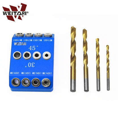 WEITARI® Drill Guide Jig, 4 Bits for Straight and 30 45 90 Degree Angled Holes, 4 Sizes All Metal Jig for Stairs Handrail, Cable Railing, Deck, Wood Post and Lag Screw