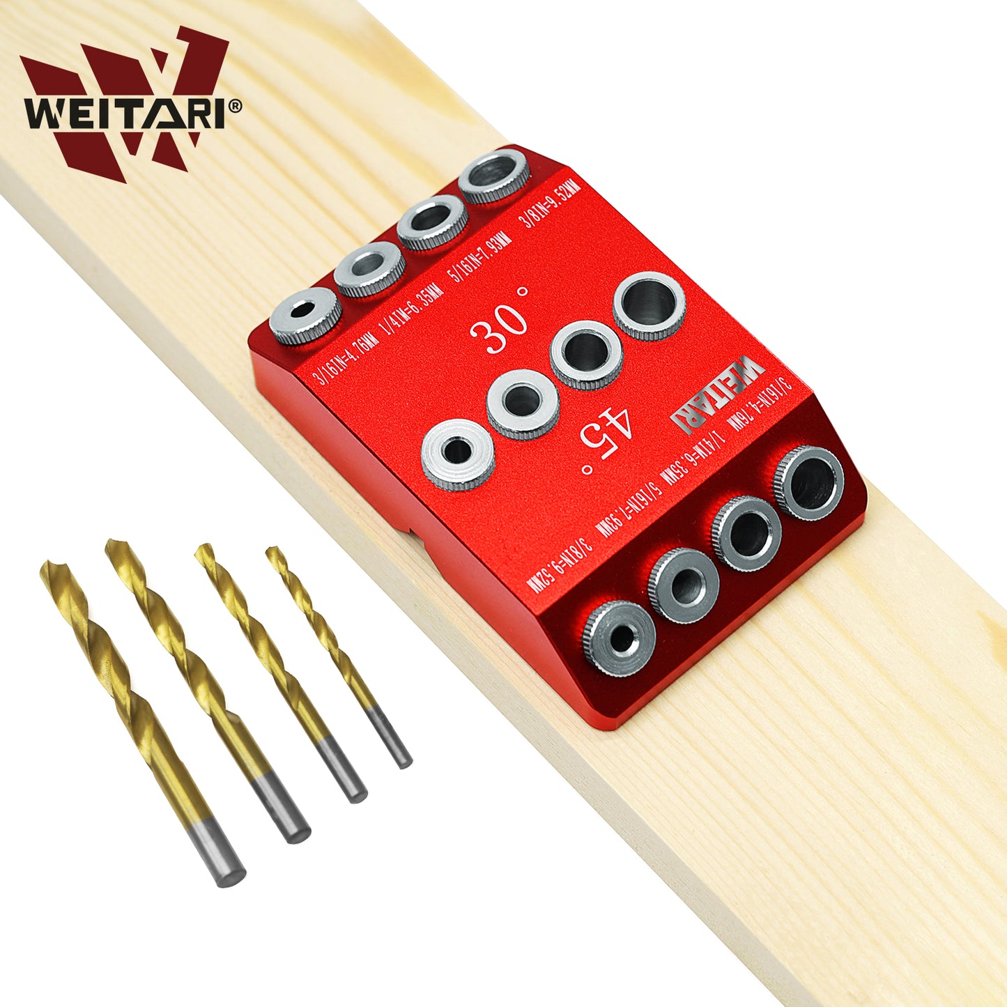 WEITARI® Drill Guide Jig, 4 Bits for Straight and 30 45 90 Degree Angled Holes, 4 Sizes All Metal Jig for Stairs Handrail, Cable Railing, Deck, Wood Post and Lag Screw