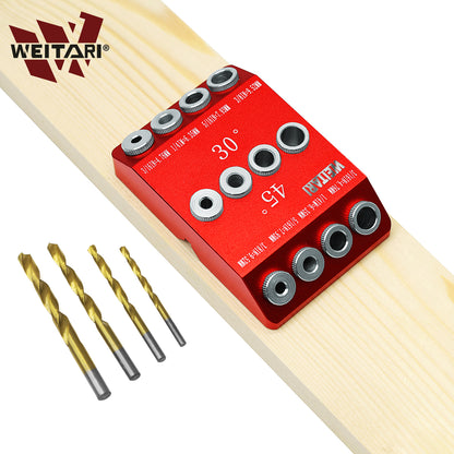 WEITARI® Drill Guide Jig, 4 Bits for Straight and 30 45 90 Degree Angled Holes, 4 Sizes All Metal Jig for Stairs Handrail, Cable Railing, Deck, Wood Post and Lag Screw