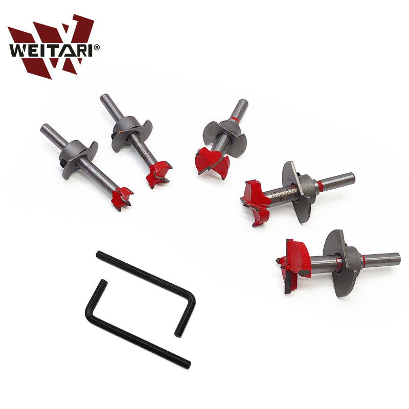 WEITARI® Forstner Bit Set 5Pcs Adjustable Positioning Drill, 15/20/25/30/35mm Forstner Bits for Wood Drilling, Cemented Carbide Woodworking Hole Saw with Depth Stoper