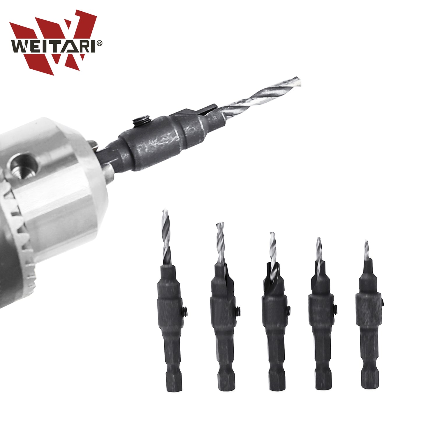 WEITARI 1/4-inch Drill Bit Set, 5 Pieces Countersink Drill Adjustable Professional Drill Bits for Metal, Woodworking, Aluminum, Plastic Premium High Speed Steel Bit for Power Tools #5#6#8#10#12