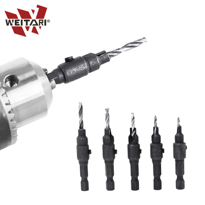 WEITARI 1/4-inch Drill Bit Set, 5 Pieces Countersink Drill Adjustable Professional Drill Bits for Metal, Woodworking, Aluminum, Plastic Premium High Speed Steel Bit for Power Tools #5#6#8#10#12