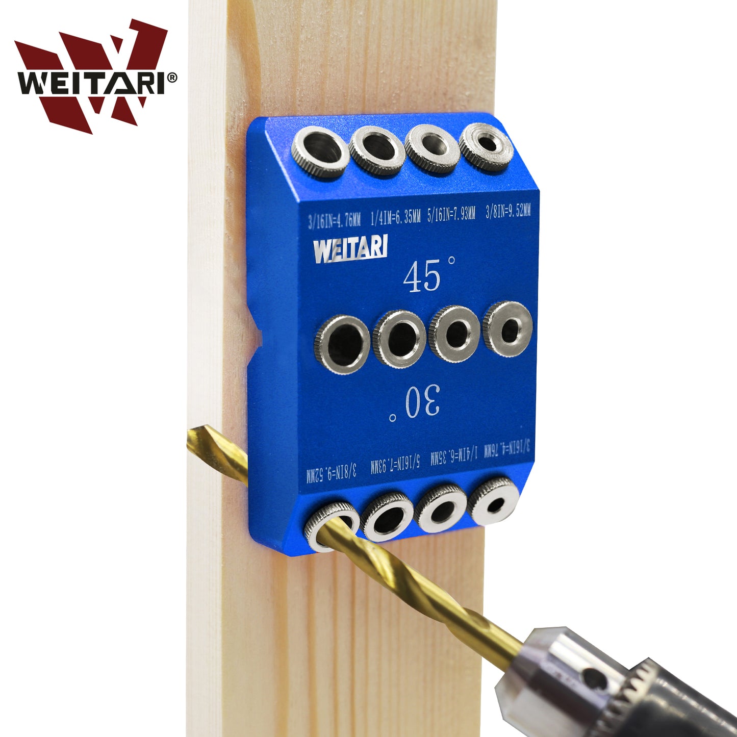 WEITARI® Drill Guide Jig, 4 Bits for Straight and 30 45 90 Degree Angled Holes, 4 Sizes All Metal Jig for Stairs Handrail, Cable Railing, Deck, Wood Post and Lag Screw