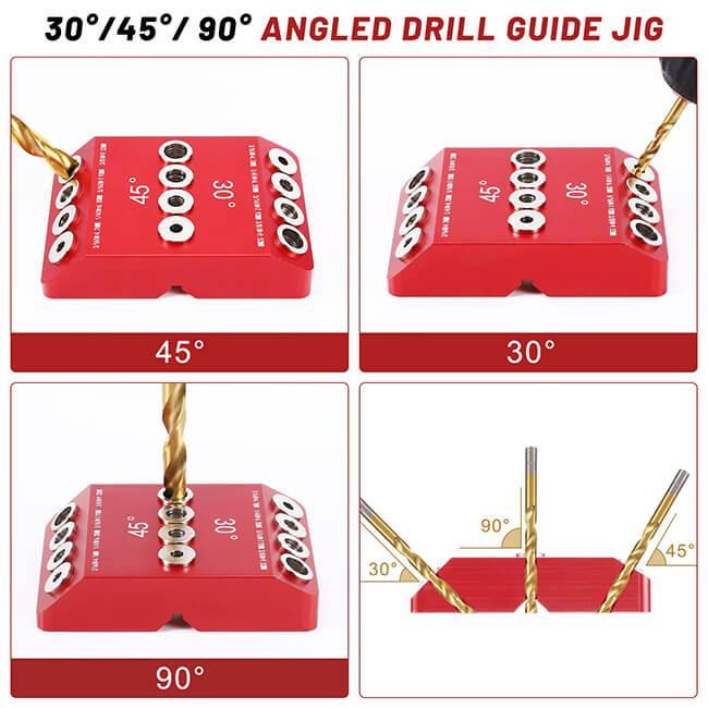 WEITARI® Drill Guide Jig, 4 Bits for Straight and 30 45 90 Degree Angled Holes, 4 Sizes All Metal Jig for Stairs Handrail, Cable Railing, Deck, Wood Post and Lag Screw