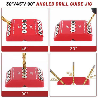 WEITARI® Drill Guide Jig, 4 Bits for Straight and 30 45 90 Degree Angled Holes, 4 Sizes All Metal Jig for Stairs Handrail, Cable Railing, Deck, Wood Post and Lag Screw