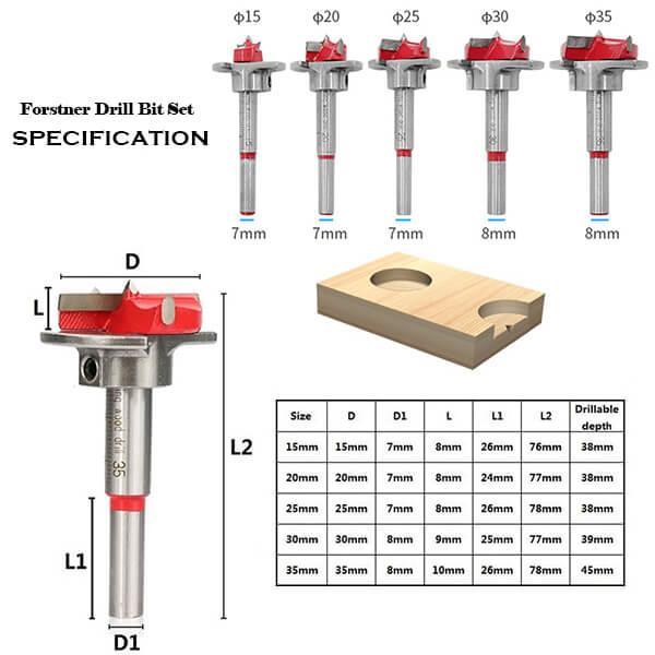 WEITARI® Forstner Bit Set 5Pcs Adjustable Positioning Drill, 15/20/25/30/35mm Forstner Bits for Wood Drilling, Cemented Carbide Woodworking Hole Saw with Depth Stoper