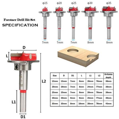 WEITARI® Forstner Bit Set 5Pcs Adjustable Positioning Drill, 15/20/25/30/35mm Forstner Bits for Wood Drilling, Cemented Carbide Woodworking Hole Saw with Depth Stoper