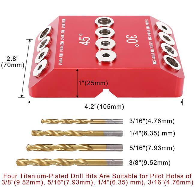 WEITARI® Drill Guide Jig, 4 Bits for Straight and 30 45 90 Degree Angled Holes, 4 Sizes All Metal Jig for Stairs Handrail, Cable Railing, Deck, Wood Post and Lag Screw