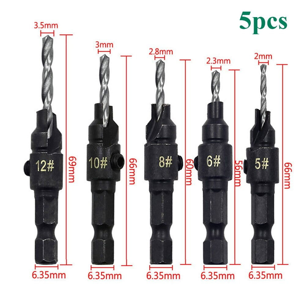 WEITARI 1/4-inch Drill Bit Set, 5 Pieces Countersink Drill Adjustable Professional Drill Bits for Metal, Woodworking, Aluminum, Plastic Premium High Speed Steel Bit for Power Tools #5#6#8#10#12