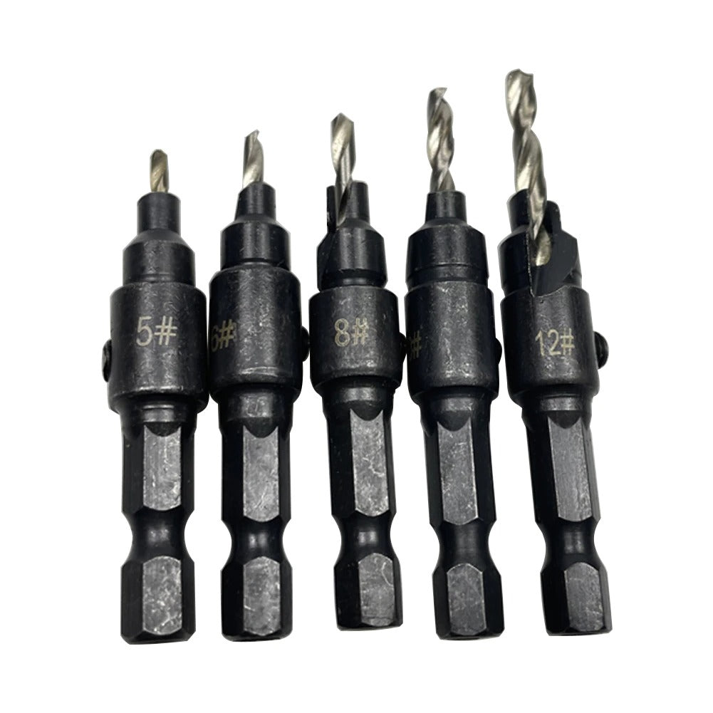 WEITARI 1/4-inch Drill Bit Set, 5 Pieces Countersink Drill Adjustable Professional Drill Bits for Metal, Woodworking, Aluminum, Plastic Premium High Speed Steel Bit for Power Tools #5#6#8#10#12